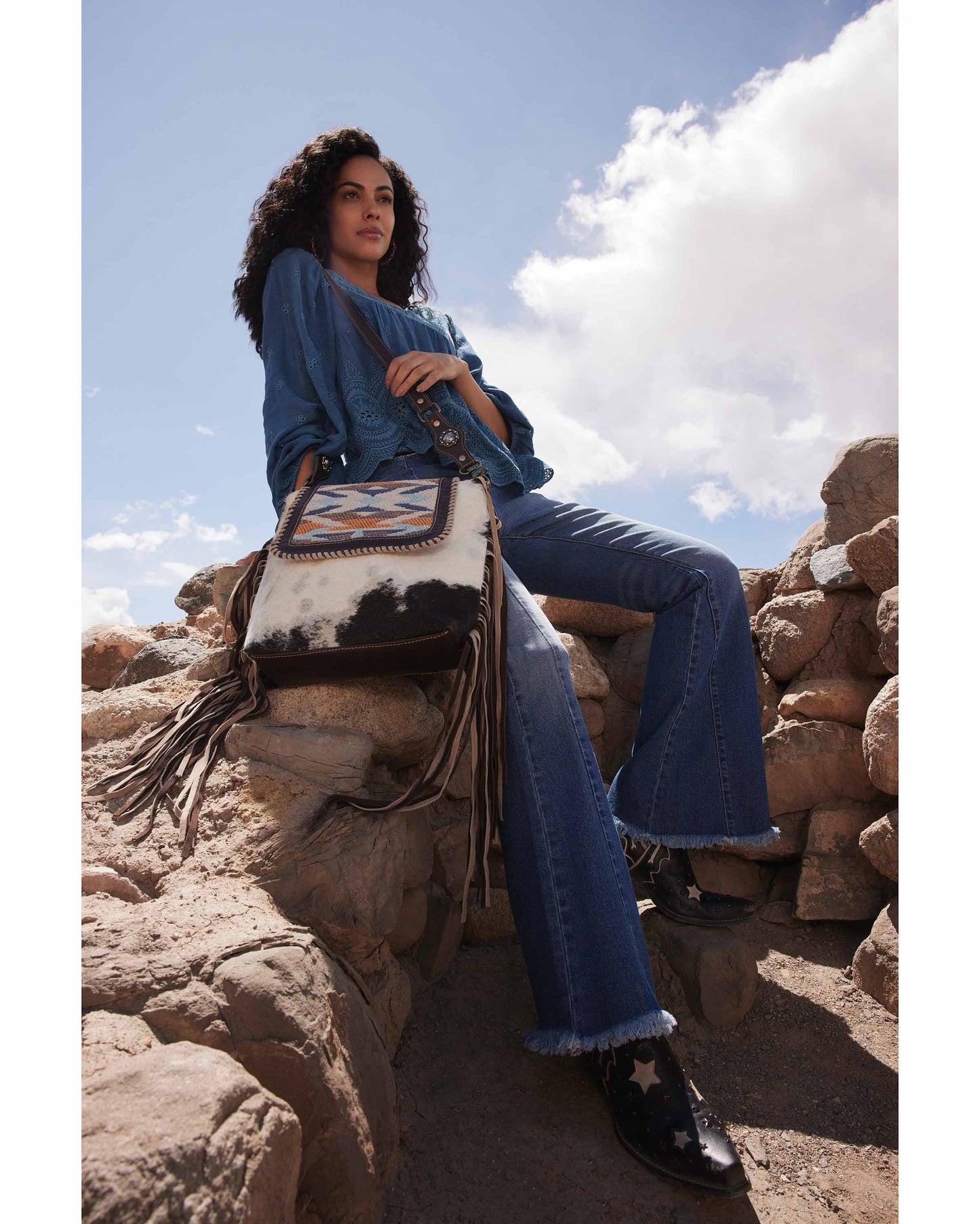 Myra Sun Serape Fringed Leather Hairon Bag