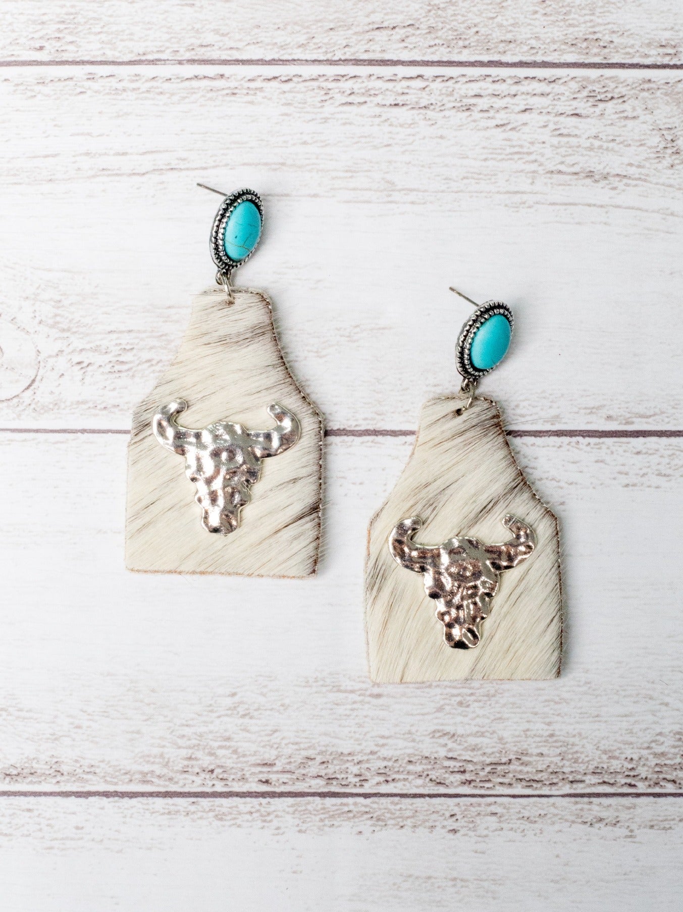 Take A Number Cowboy White Cowhide Silver Cow Skull Stud Earrings