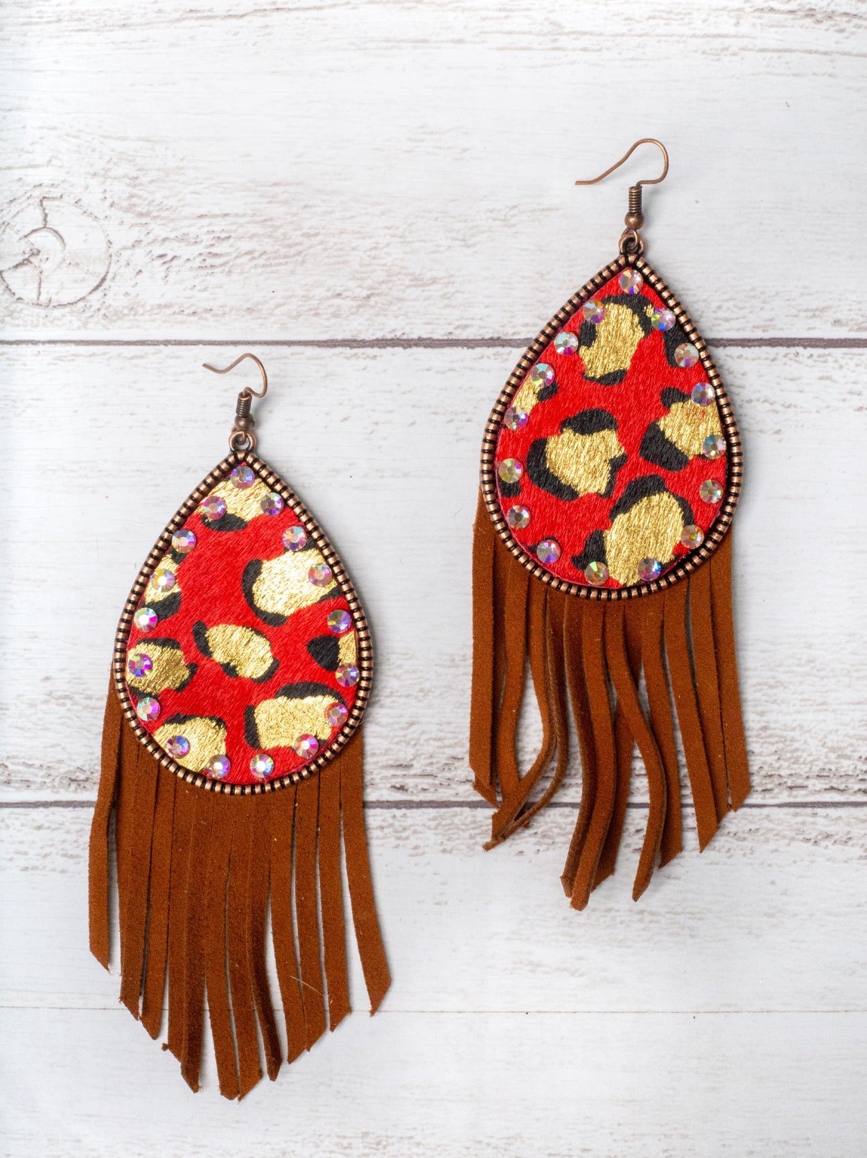 Get In Cowgirl, We're Goin' To NFR Red Leopard Teardrop Brown Fringe Earrings