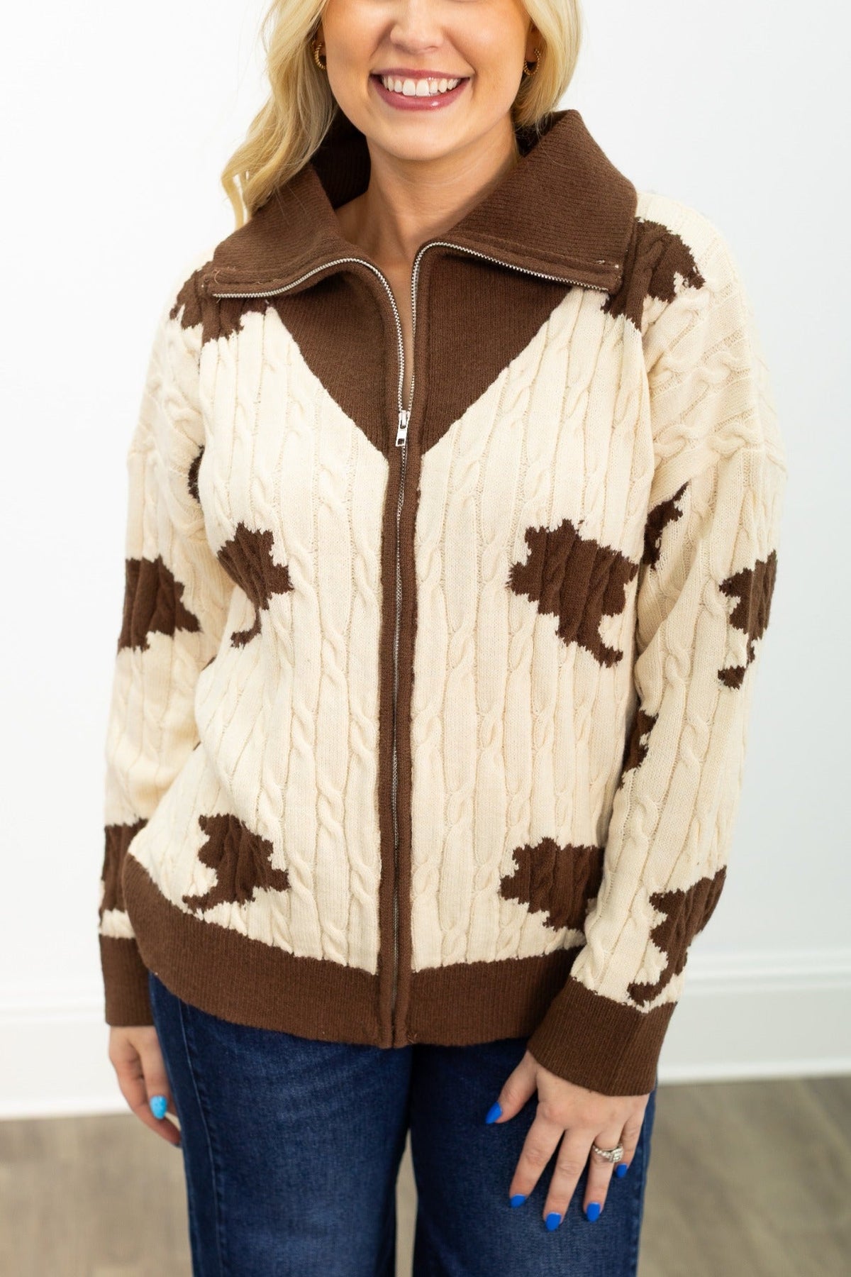 Zip Up Western Cow Print Cardigan Sweater