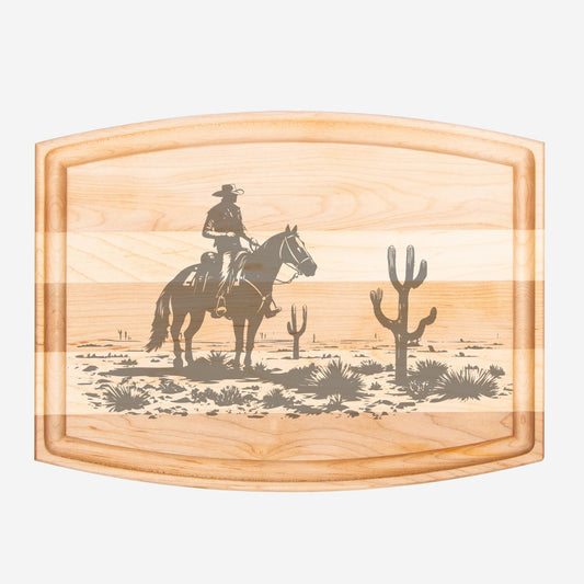 Desert Cowboy Arched Wood Cutting Board with Groove - 12" x 9"
