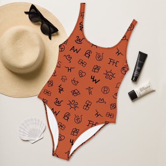 Yeehaw Brown Cattle Brands One-Piece Swimsuit