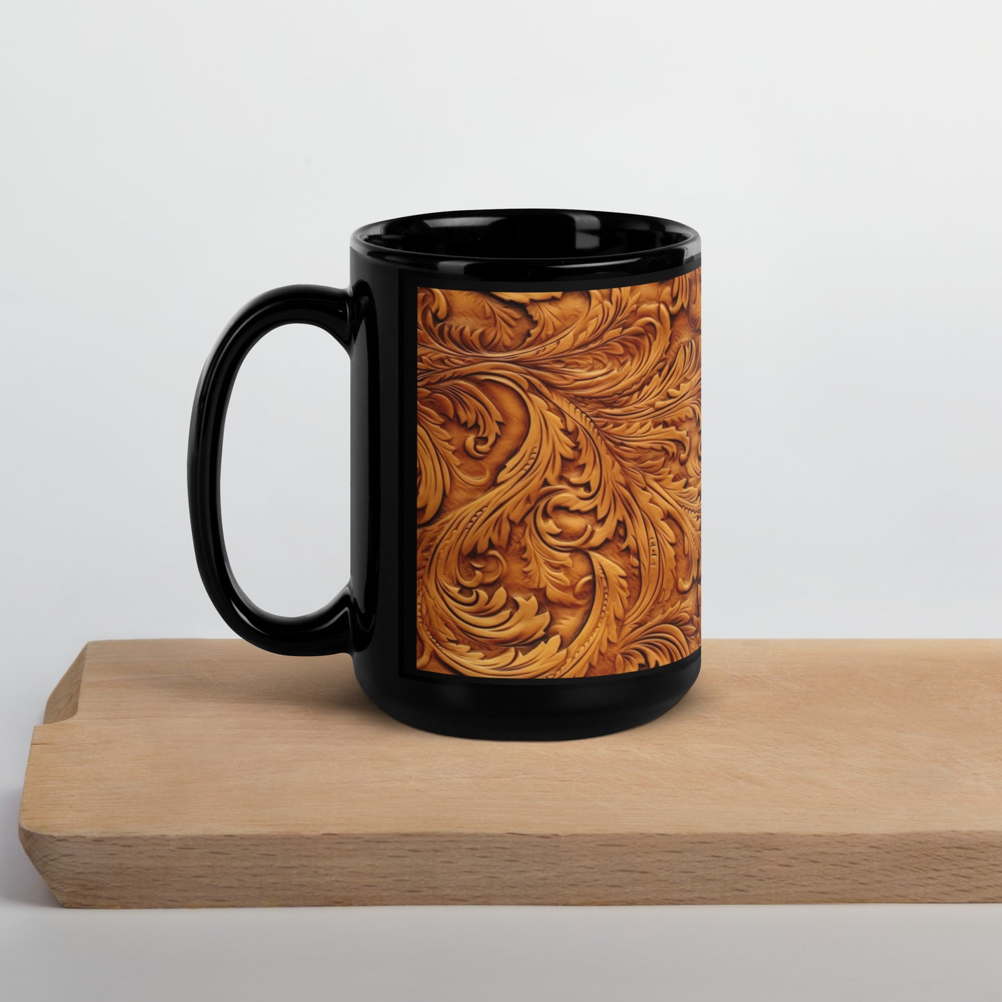 Leather Scroll Print Black Glossy Mug