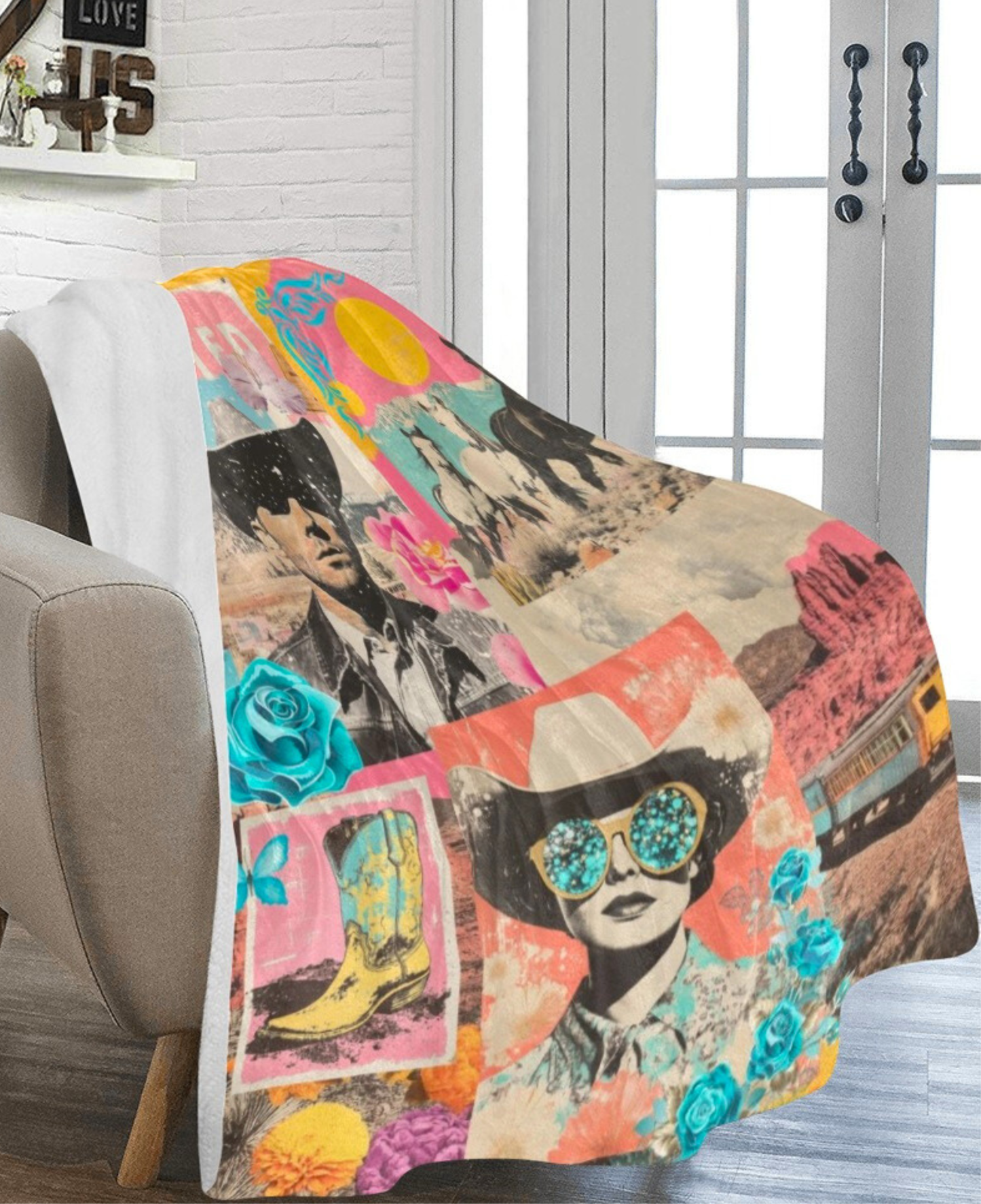 Pop Western Collage Throw Blanket Ultra-Soft Micro Fleece Blanket 60" x 80" Made in America