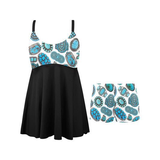 Turquoise Crazy Swim Dress & Shorts Set