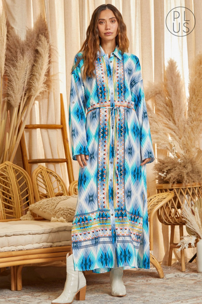aztec blue dress Dark Blue My Peasant Dress Style Caftan in Tribal Aztec Pattern