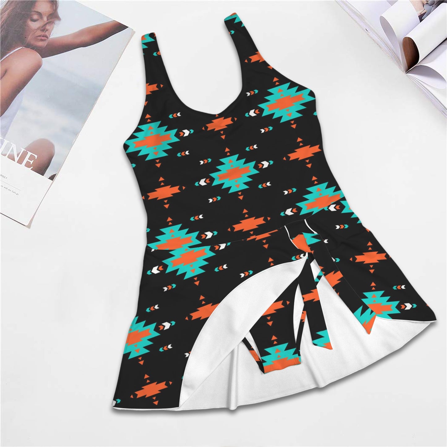 Baha Ranch Turquoise Orange Aztec Skirted Swimsuit