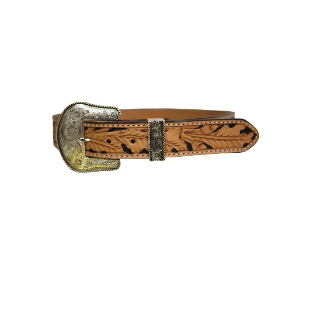 Alamo Saddlery 1.5" straight belt golden leather acorn tooling with background paint