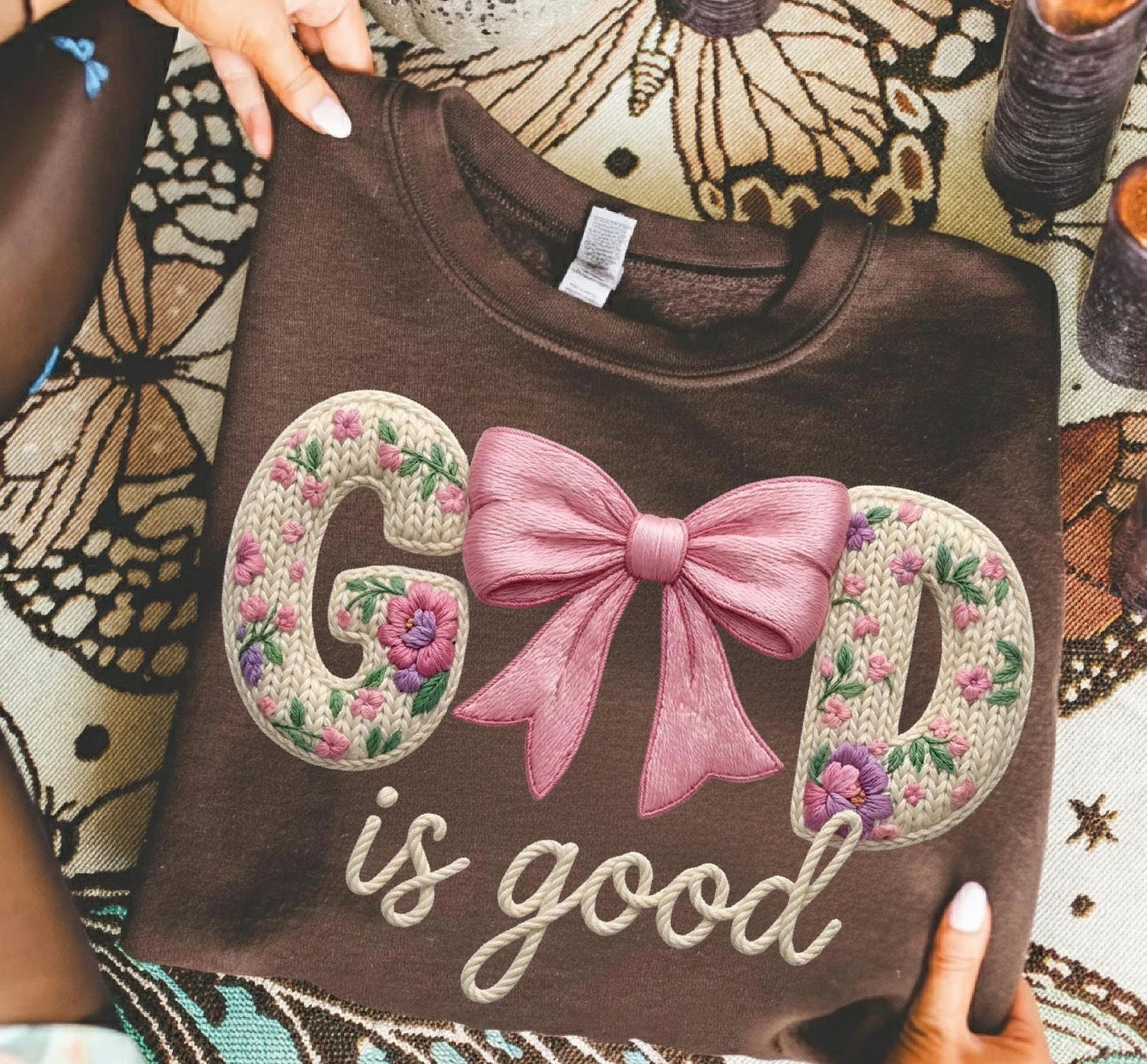 Faux Embroidered God Is Good Bow Shirt – Graphic Tee, Long Sleeve & Crewneck