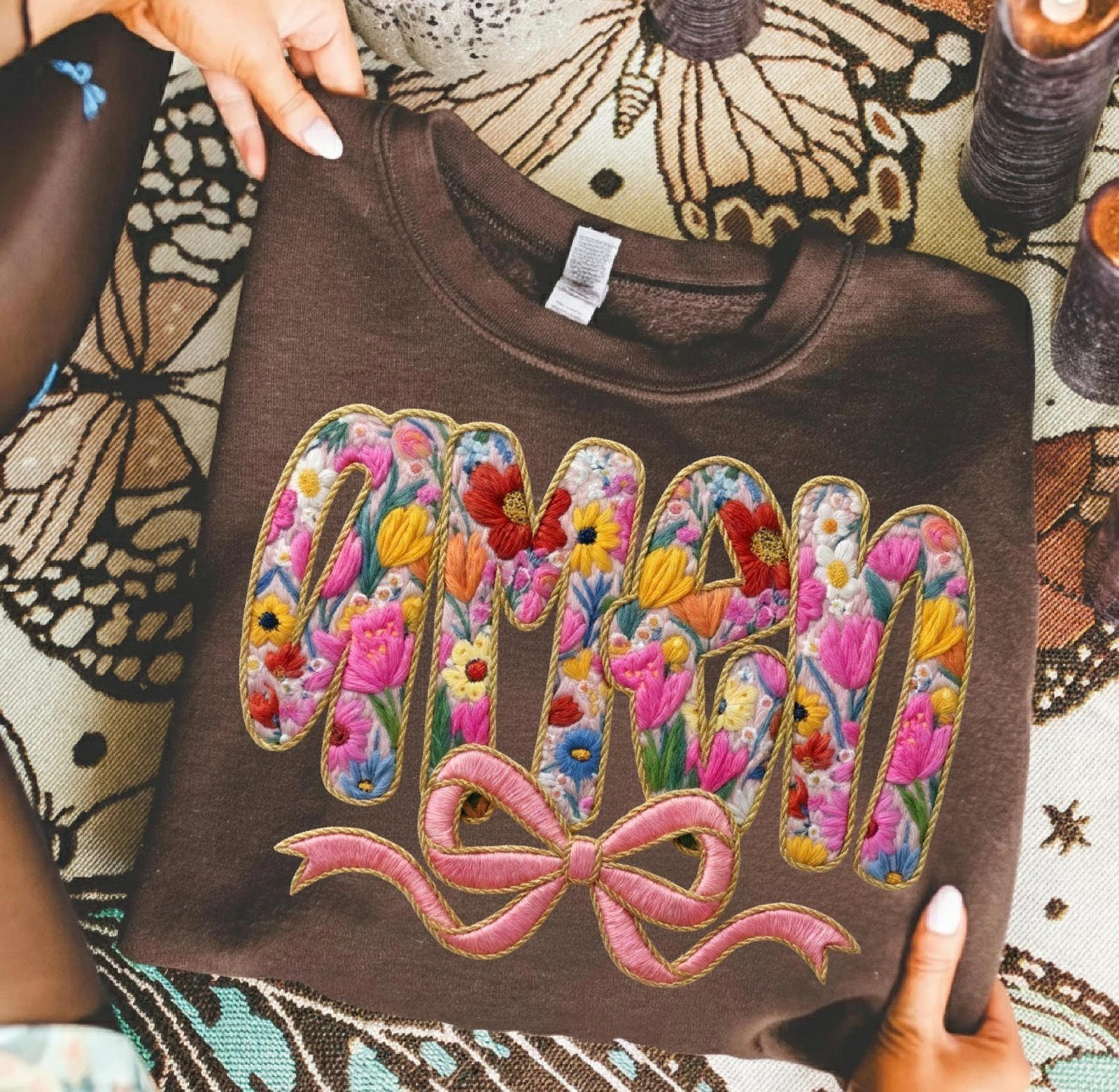 Faux Embroidered Floral AMEN Bow Shirt – Graphic Tee, Long Sleeve & Crewneck