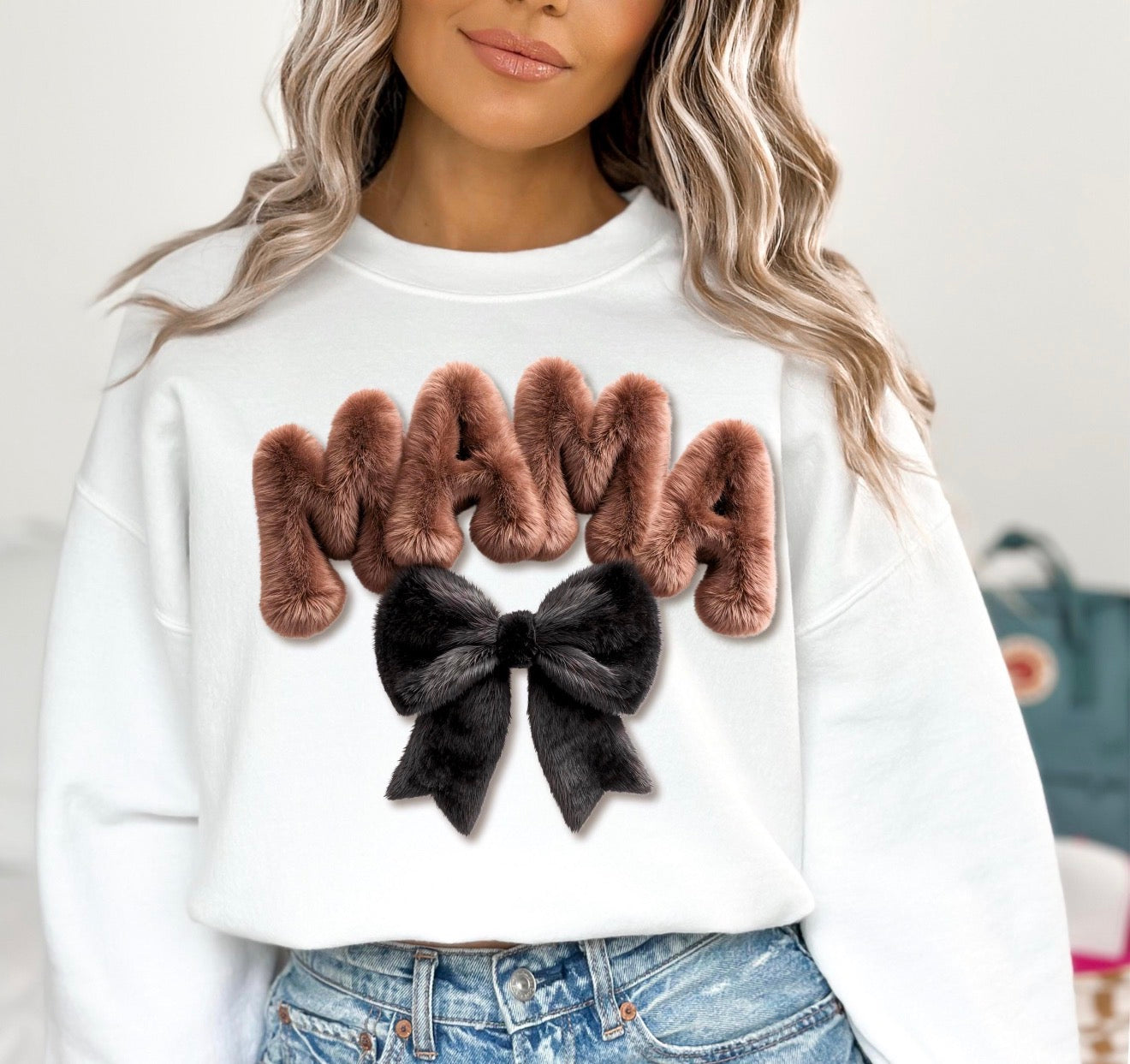 Faux Fur Mama Bow Sweatshirt – Graphic Tee, Long Sleeve & Crewneck