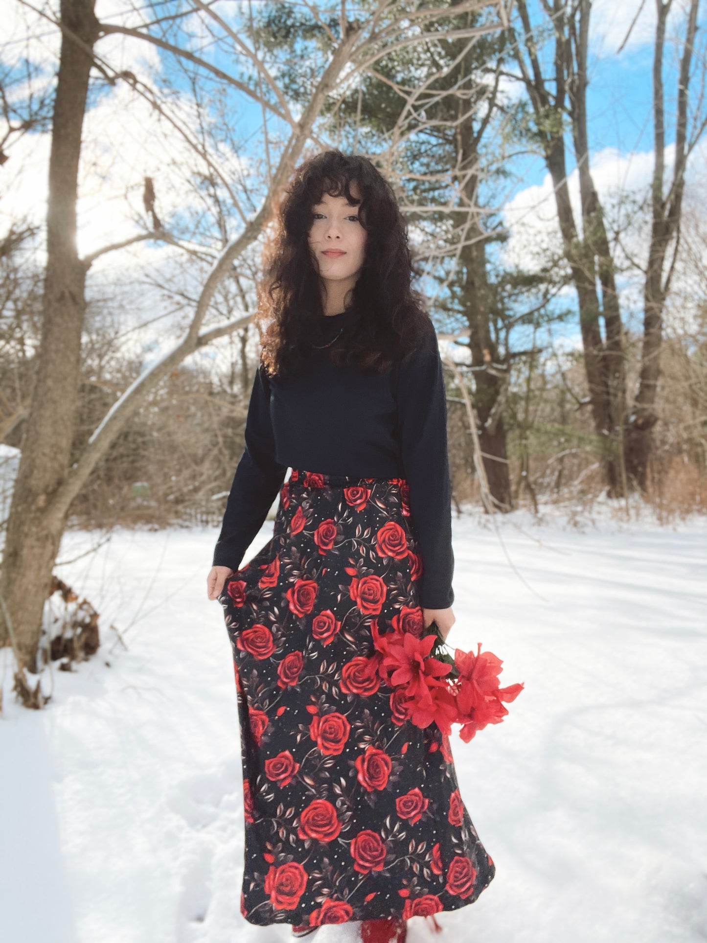 Colores de Mexico Romantic Red Roses Midi Skirt