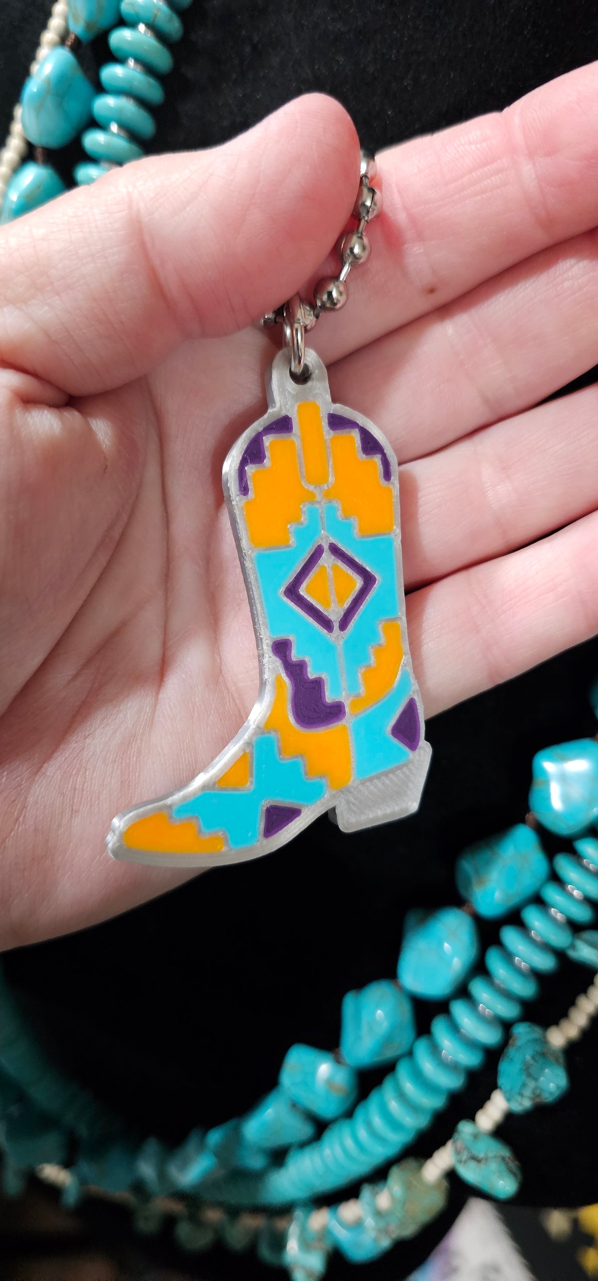 Baha Ranch 3D Print Purple Orange Aztec Inlay Boot Necklace
