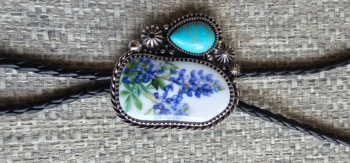 Baha Ranch Blue Bonnets Floral Bolo Tie Necklace