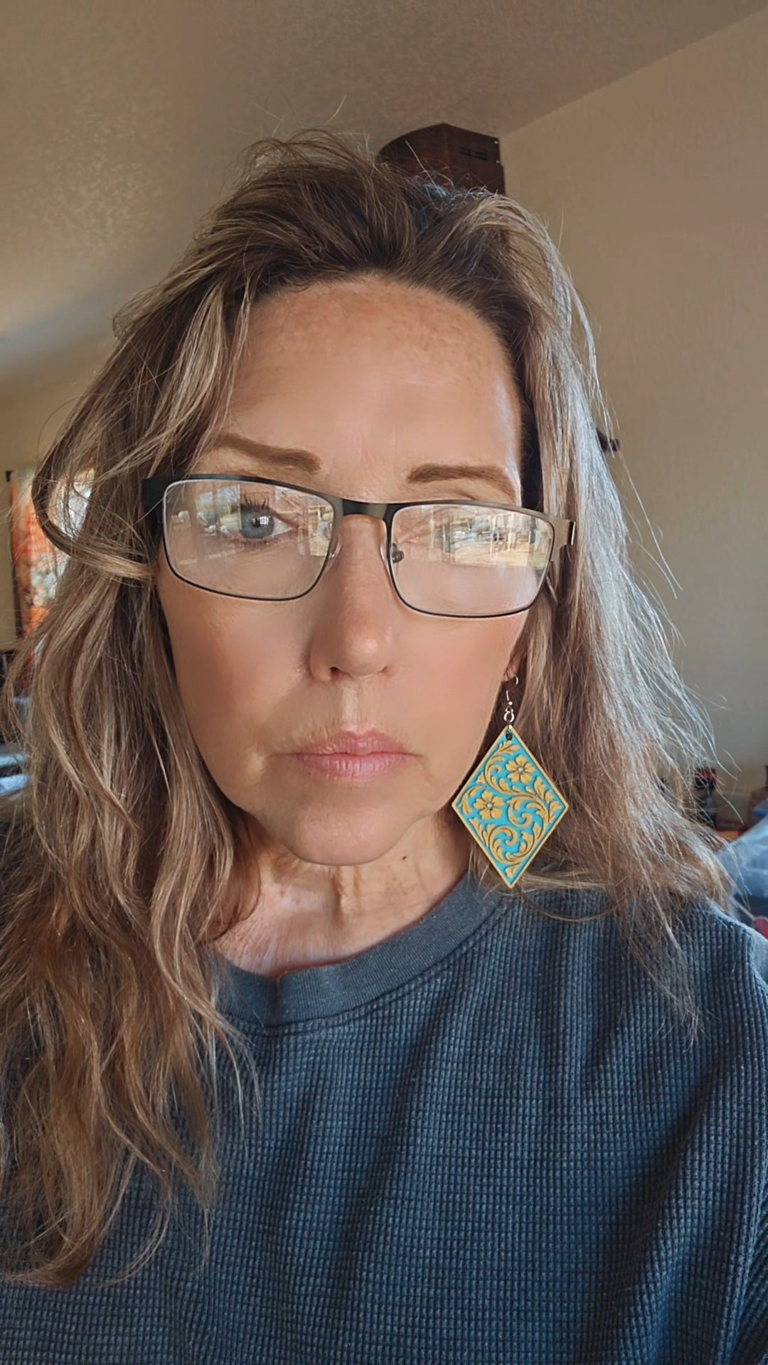 3D Print Western Tooled Mustard Gold on Turquoise Earrings Made in America