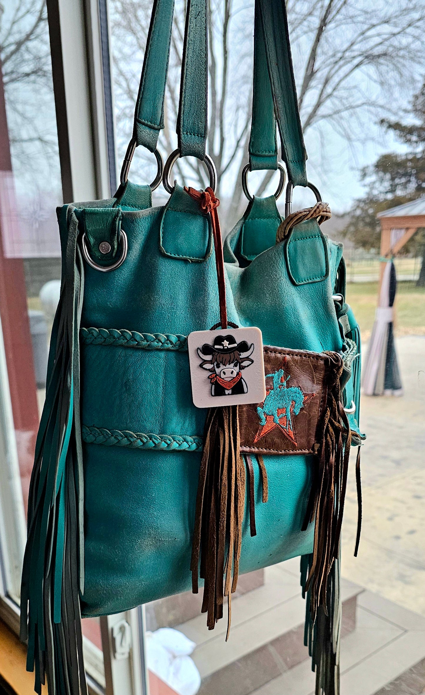 3D Print Cowboy Highland Cow Picture Necklace, Keychain or Purse Charm on Suede Leather Western Made in America