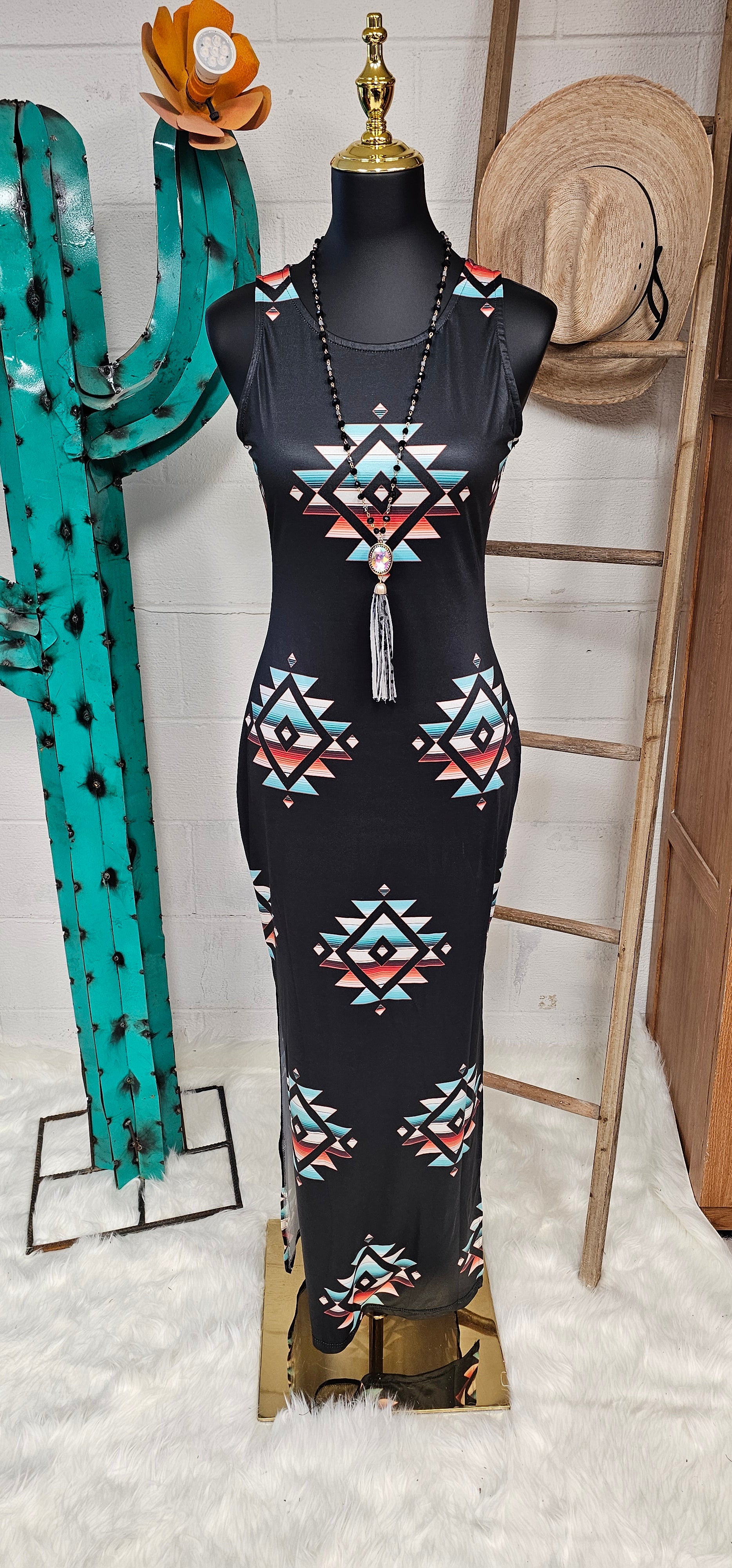 Baha Ranch Southwestern Aztec Sleeveless Bodycon Side Slit Western Maxi Dress Multi / S Baha Ranch Southwestern Aztec Sleeveless Bodycon Side Slit Western Maxi Dress Multi / S