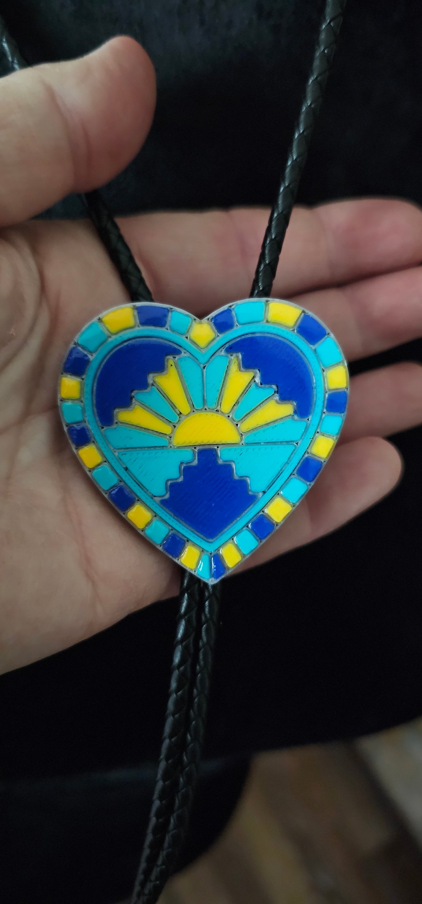 Turquoise Sunrise 3D Inlay Heart Bolo Tie Necklace
