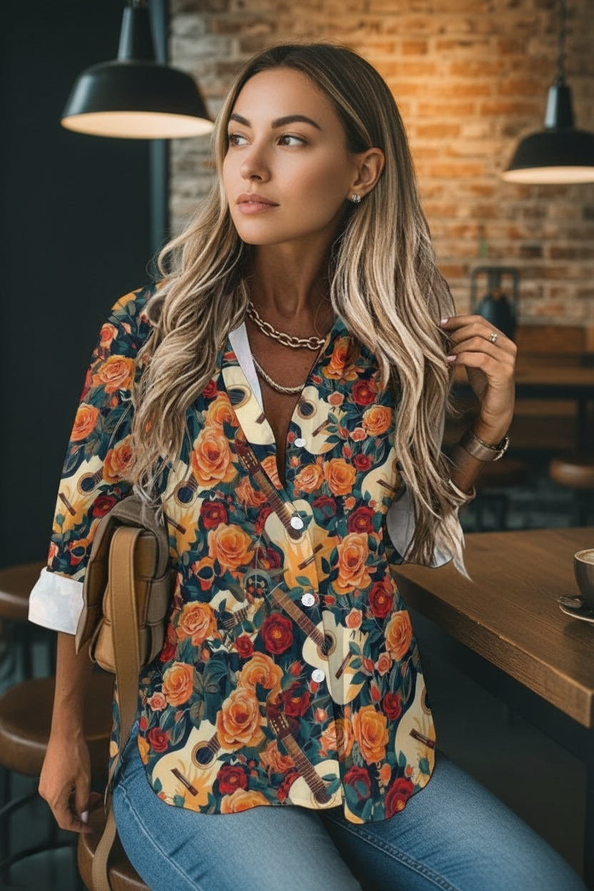 Baha Ranch Colores de Mexico Guitars and Roses Button up Blouse