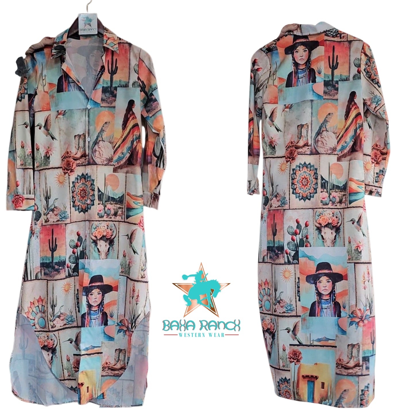 Colores de Mexico Pictures of the Southwest Button-Up Long Sleeve Shirt Dress Duster