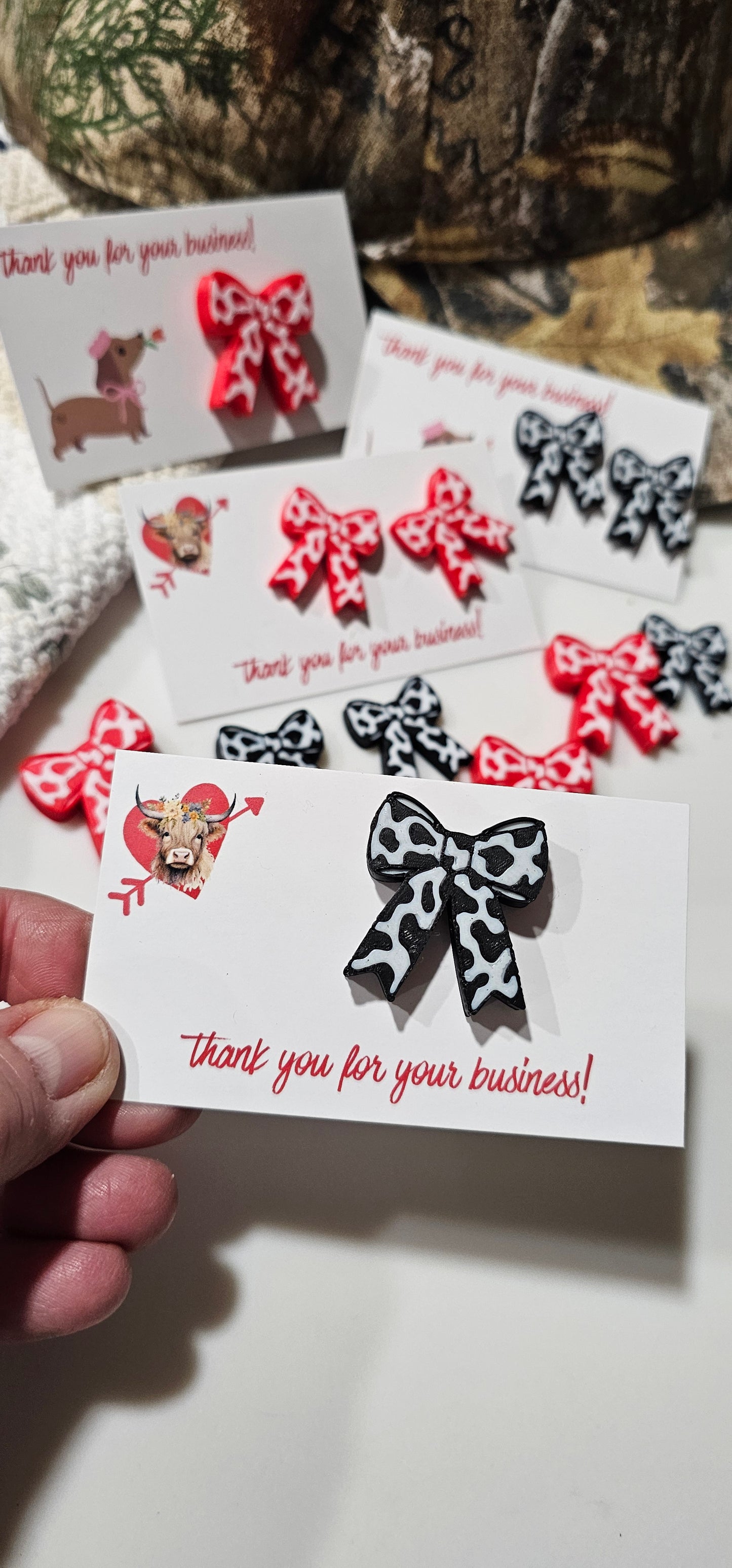 Bag of 25 -Boutique 3d Printed Package Inserts Cow Print Bows Pins or Earrings Made in America