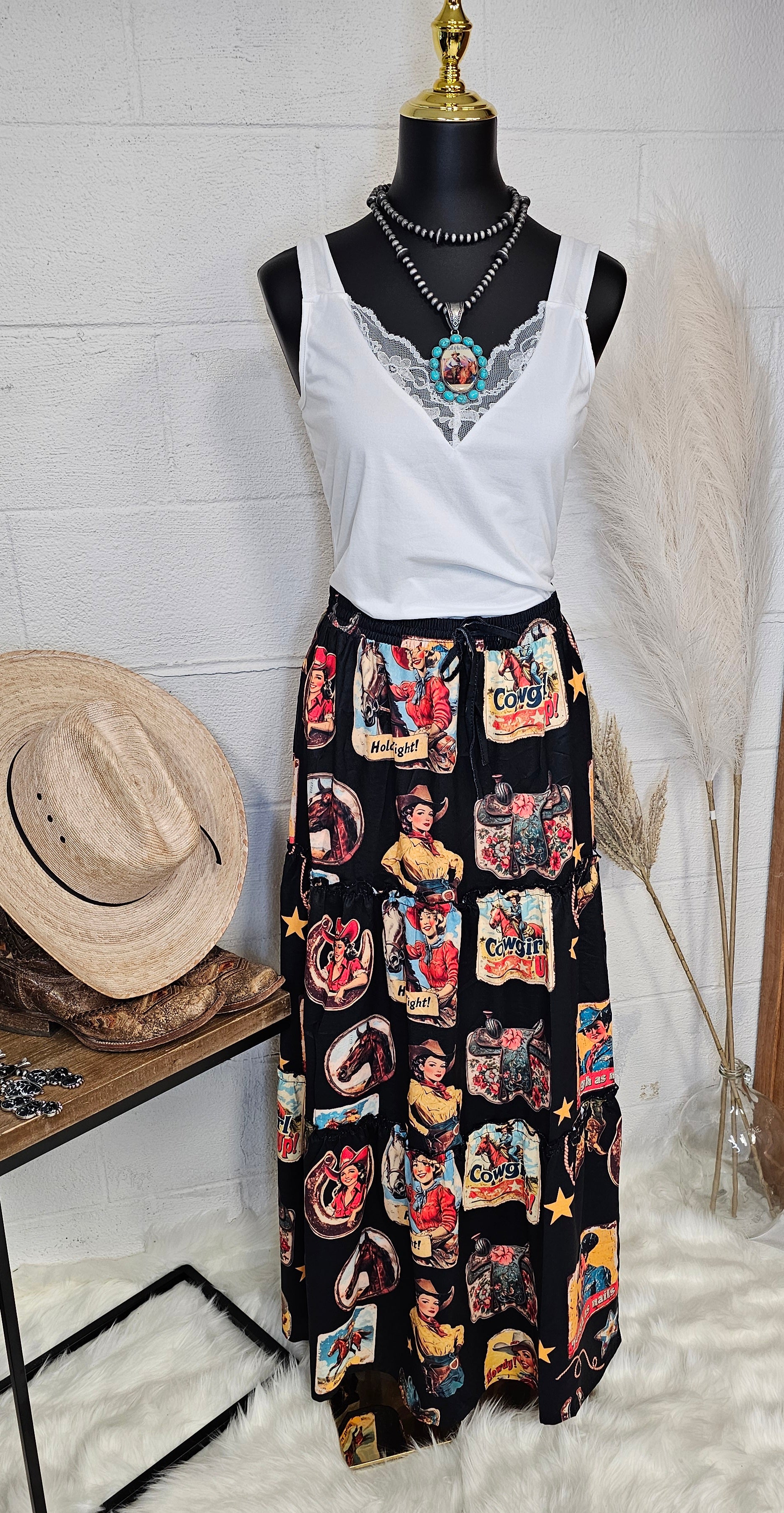 Baha Ranch Vintage Cowgirl Collage Western Tiered Prairie Maxi Skirt XL Baha Ranch Vintage Cowgirl Collage Western Tiered Prairie Maxi Skirt XL
