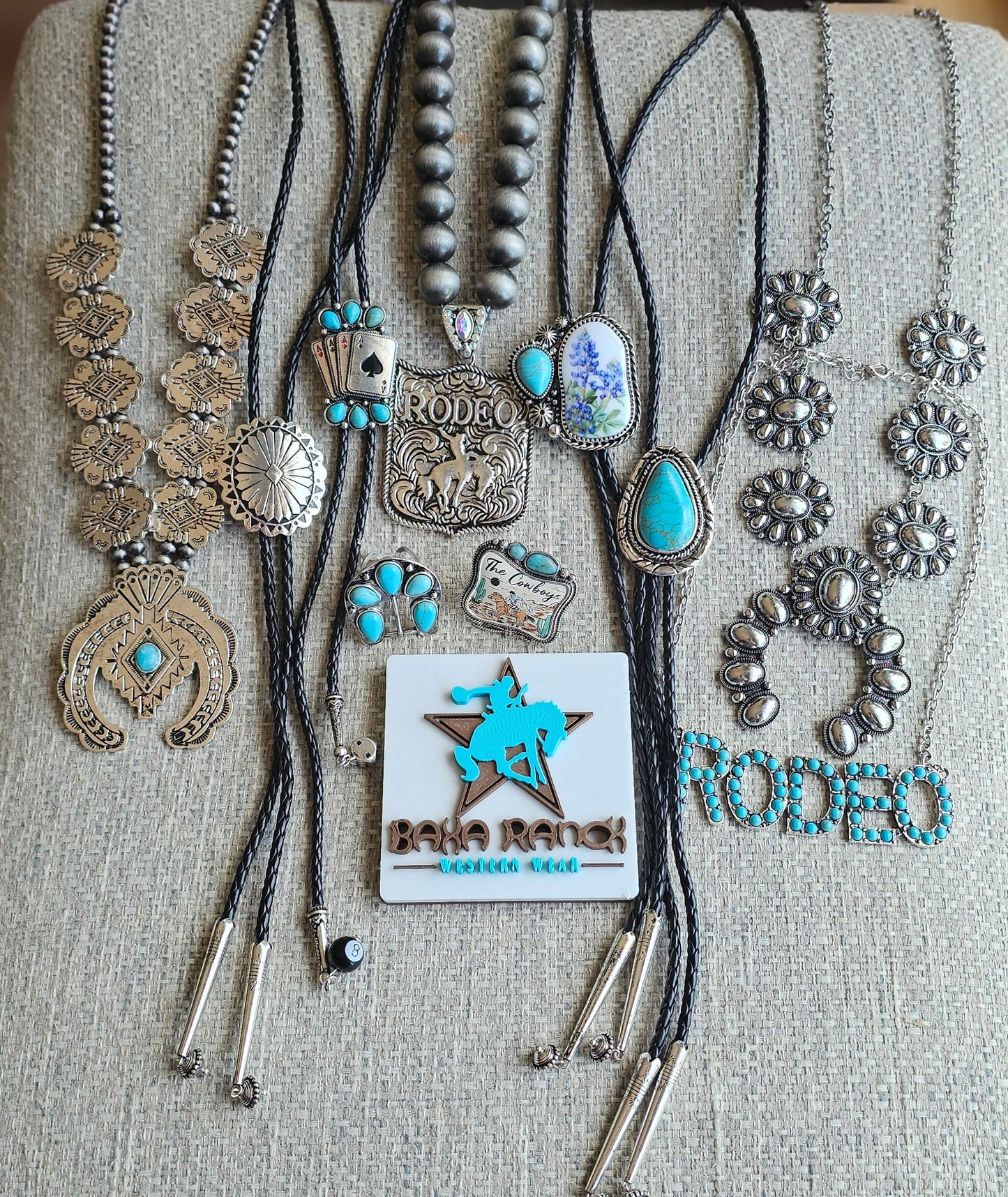 Baha Ranch Silvertone Aztec Squash Blossom Necklace set