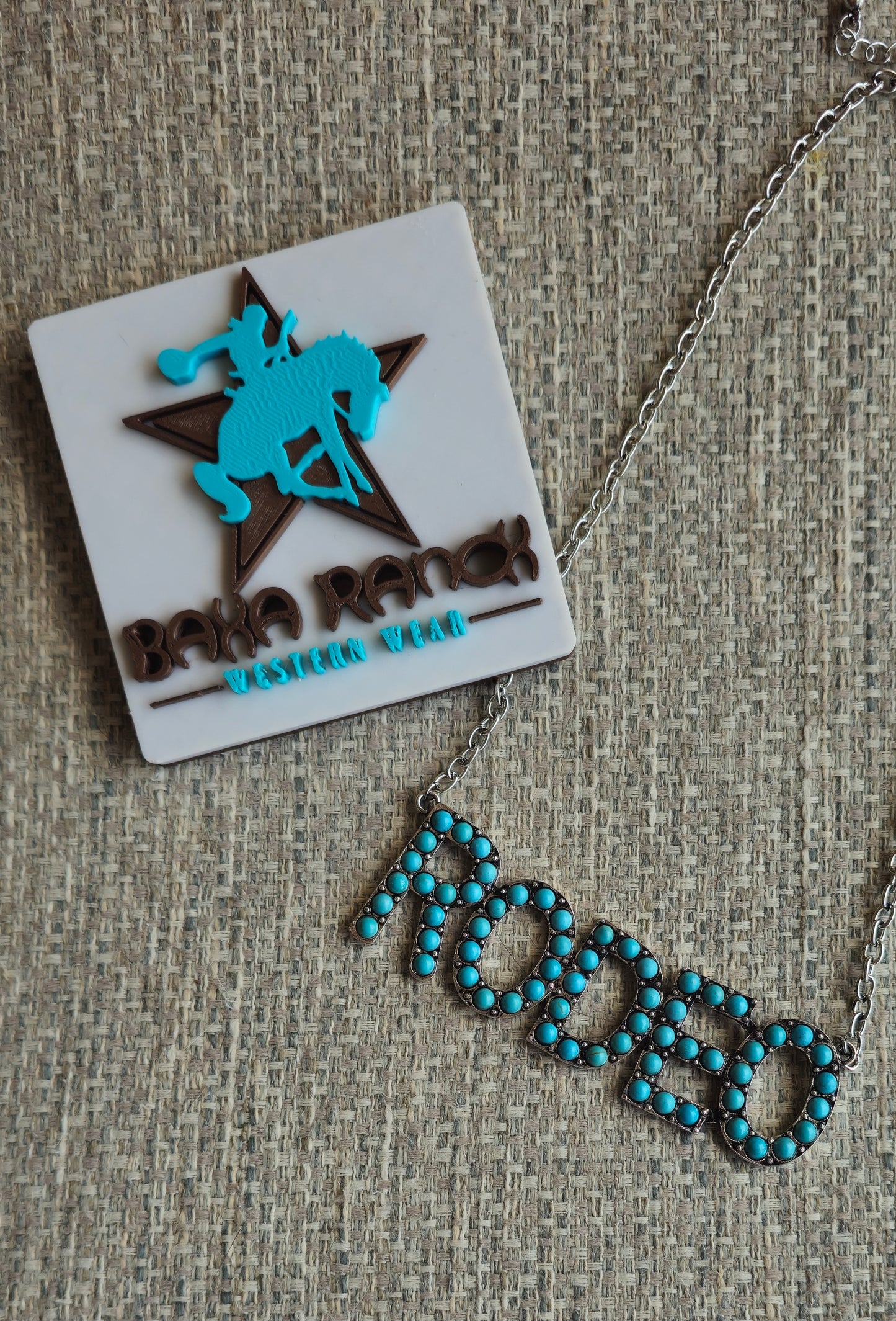 Baha Ranch Turquoise Rodeo Word Necklace