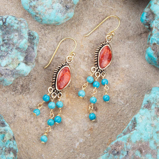 Sponge Coral and Turquoise Chandelier Earrings