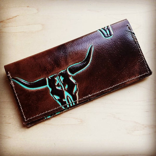 Embossed Leather Wallet Turquoise Longhorn Steer - genuine leather, leather wallet, longhorn, longhorn bull, longhorn steer, made in the usa, madeintheusa, MADEINUSA, madeinusajewelry, Printed in USA, steer skull, steers, steerskull, tooled leather wallet, usa, usa artisan, usa artist, usa made, usaartisan, usaartist, USAMADE, usamadejewelry, wallet, wallets -  - Baha Ranch Western Wear