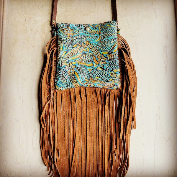 Turquoise Leather Bag With Fringe Detail - Small & Round – Indian Headdress  - Novum Crafts