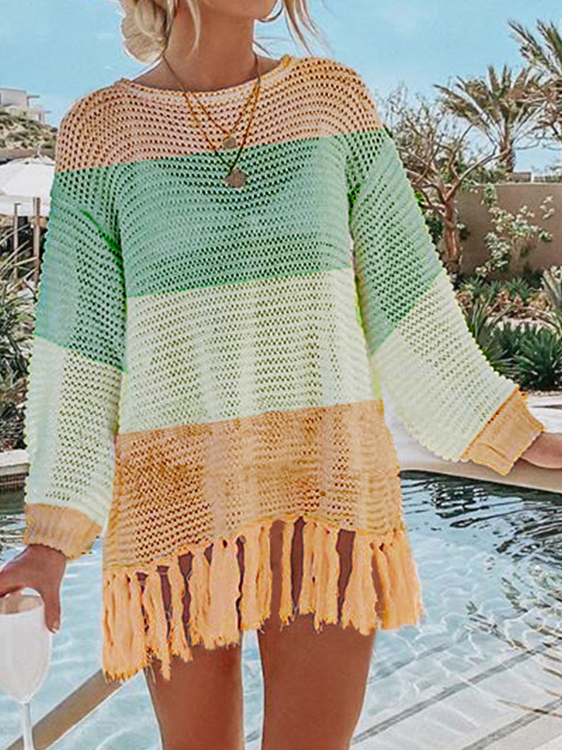 Double Take Openwork Tassel Hem Long Sleeve Knit Cover Up choice of colors