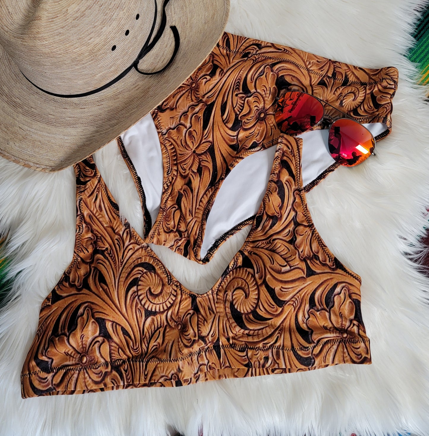 Yeehaw Tooled Leather Print Bikini - #bk, #swimmingsuit, #swimsuit, #swimwear, bikini, bikini swim suit, bikini swim wear, cowgirl, custom, high waisted, southwestern, swim, swim suit, swim suits, swim waer, swim wear, swim wera, swimming, swimming suit, swimming suits, swimmingsuits, swimsuits, swimsuts, swimwaer, tooled, tooled leather, tooled leather print, tooled leathers, western, western print - - Baha Ranch Western Wear