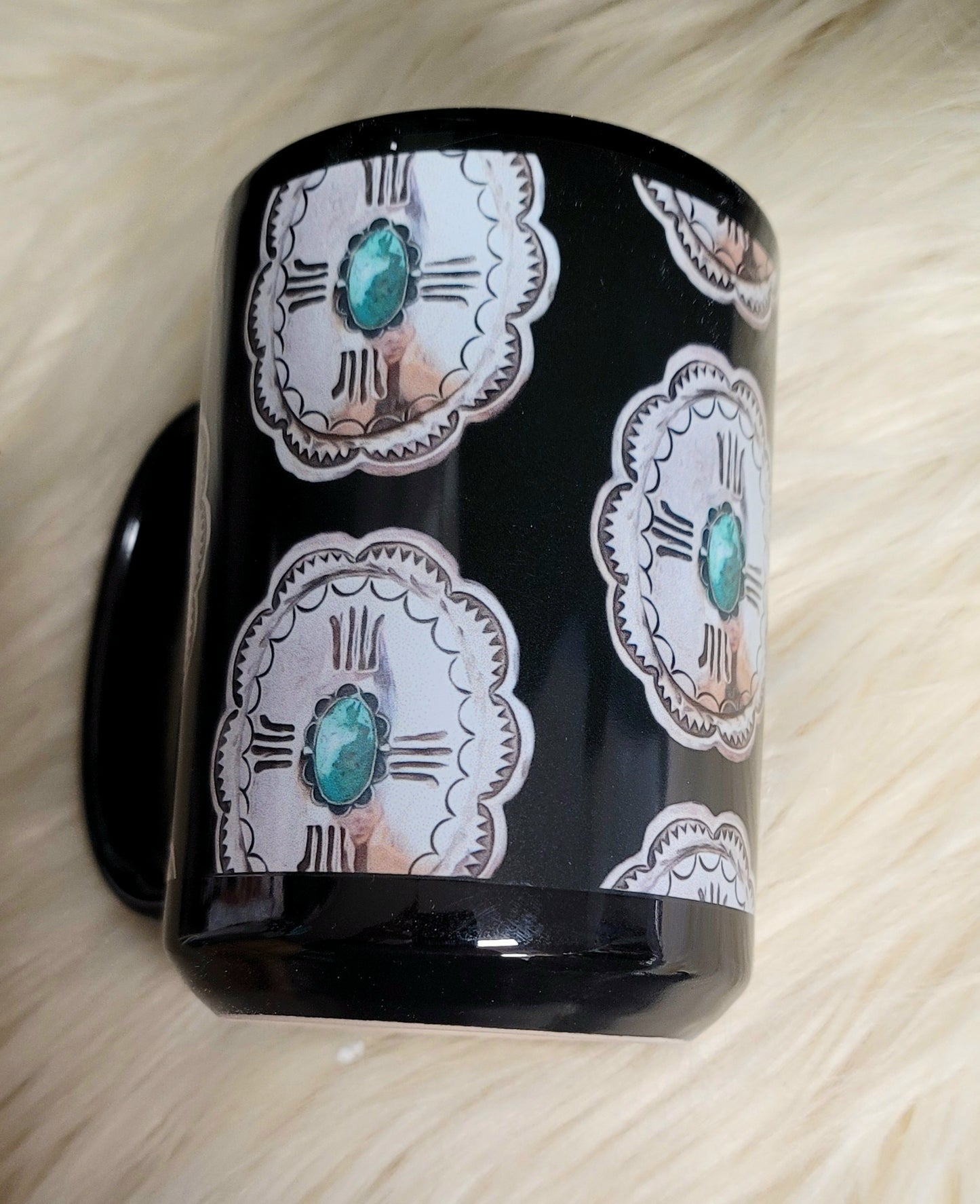Turquoise Concho Black Glossy Mug - coffee, coffee cup, coffee mug, concho, mug, turquoise, turquoise concho, turquoise print, western print - - Baha Ranch Western Wear