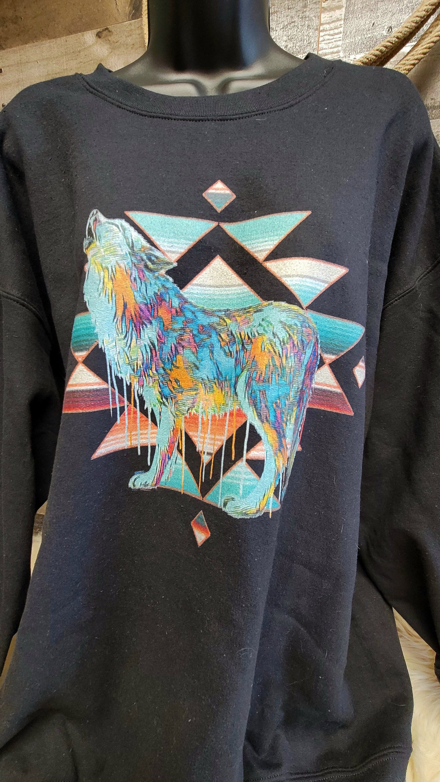 Aztec Wolf Unisex Sweatshirt- Choice of Colors - aztec, aztec print, aztecs, sweat shirt, sweatshirt, unisex, western wear, wolf, wolf design, wolf print - - Baha Ranch Western Wear
