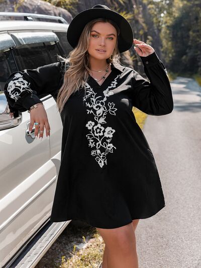 Boho Cowgirl Plus Size Embroidered Long Sleeve Mini Dress