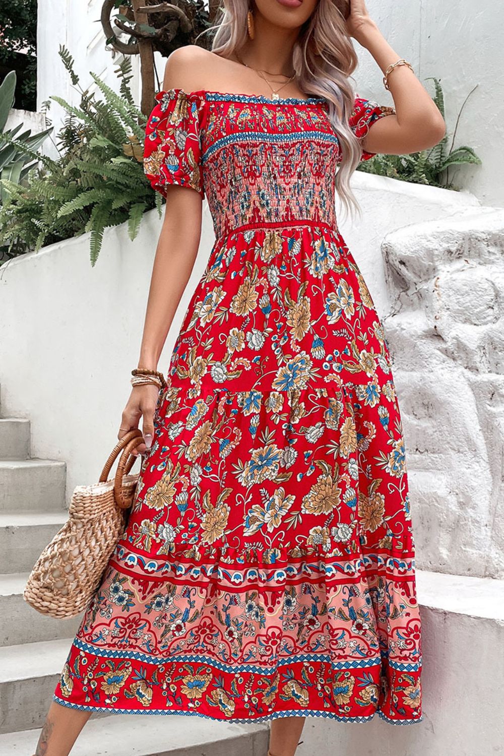 Floral Off-Shoulder Smocked Midi Dress Deep Red / XL