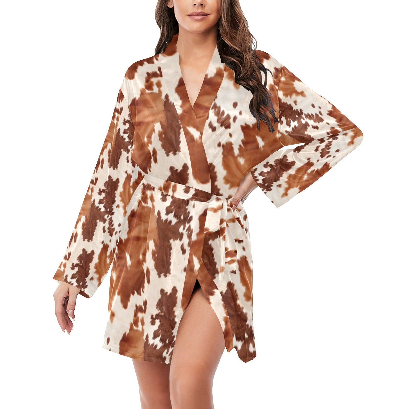 Baha Ranch Light Brown Cow Print Women's Long Sleeve Belted Satin Feel Dressing Lounge Robe 2XL