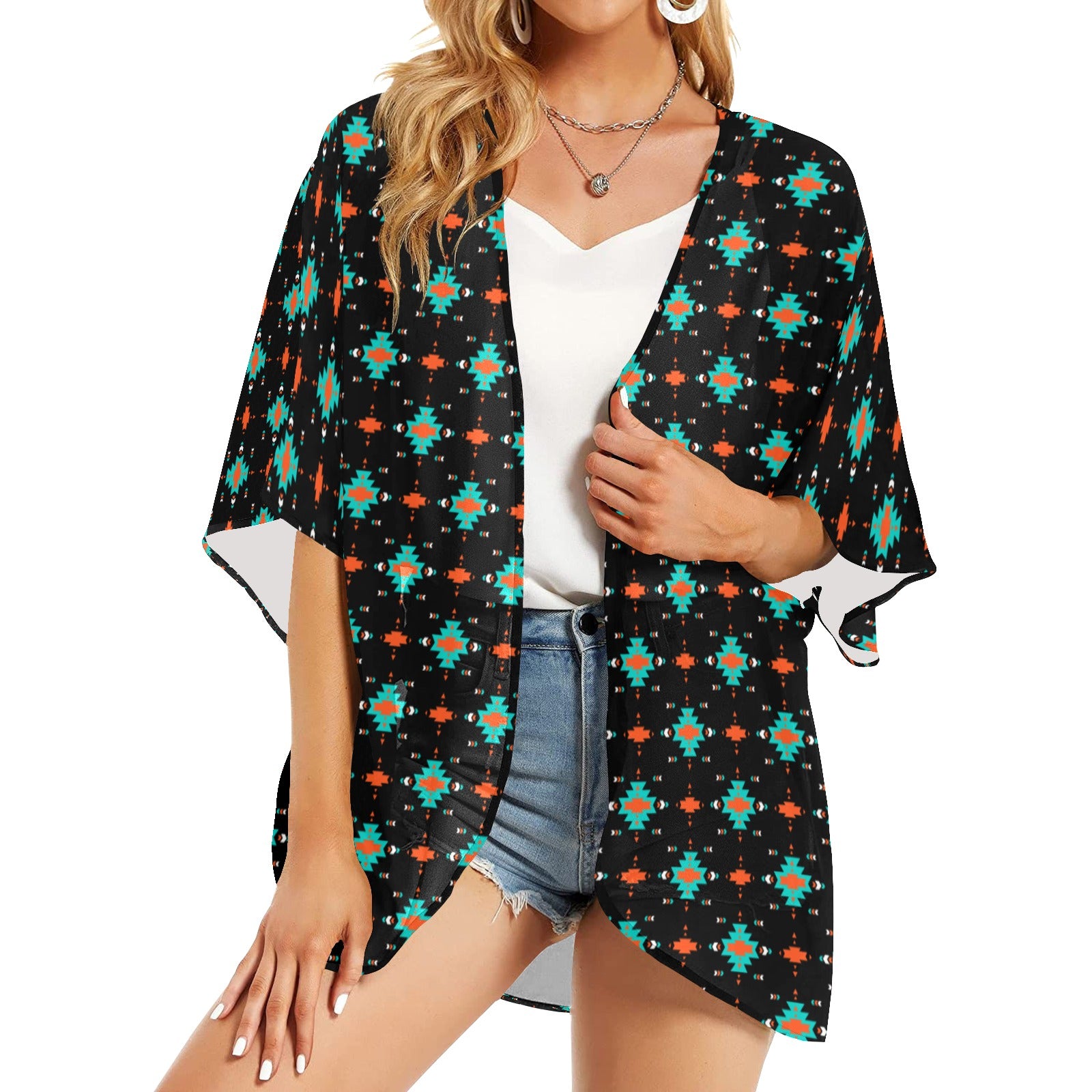 Turquoise Orange Aztec Kimono Chiffon Cover up