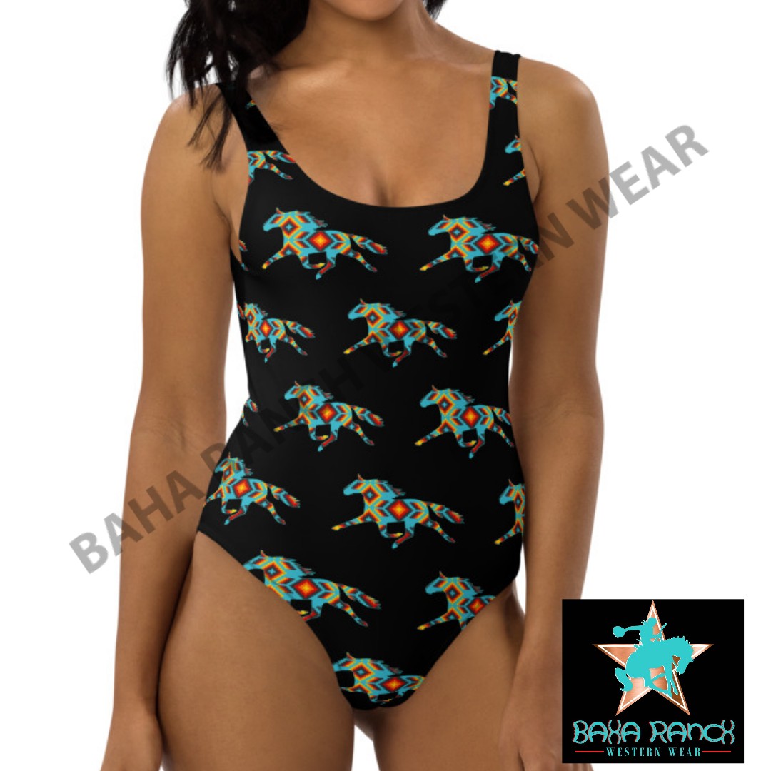Yeehaw Aztec Horse One Piece Swimsuit - #op, beach, one piece, onepiece, swim wear, swimming, swimsuit - - Baha Ranch Western Wear