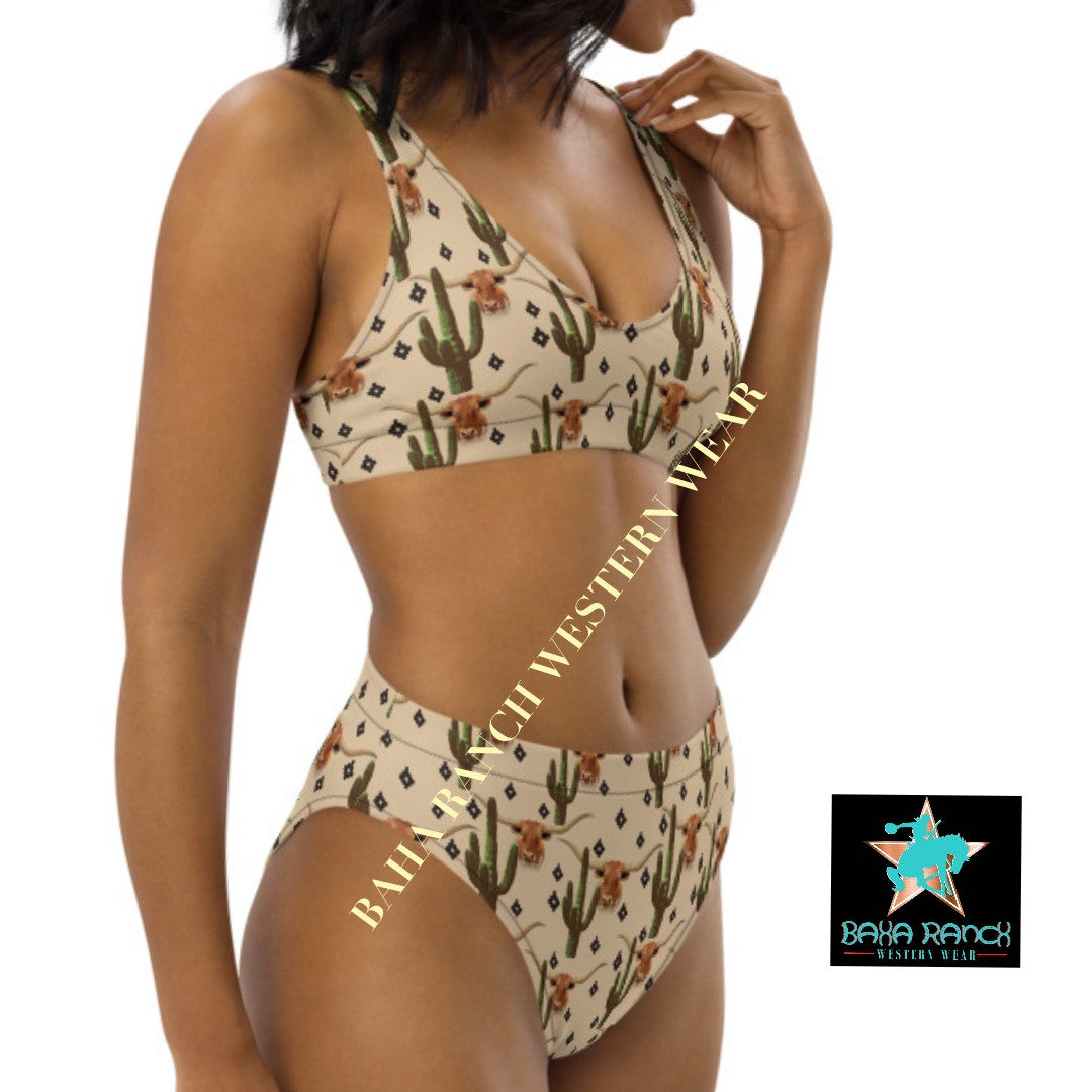 Yeehaw Longhorn Ranch Cactus Bikini - #beach, #bk, #swim, #swimming, #swimsuit, beaches, cactus, cactus print, longhorn, longhorn bull, pool, swimsui - - Baha Ranch Western Wear