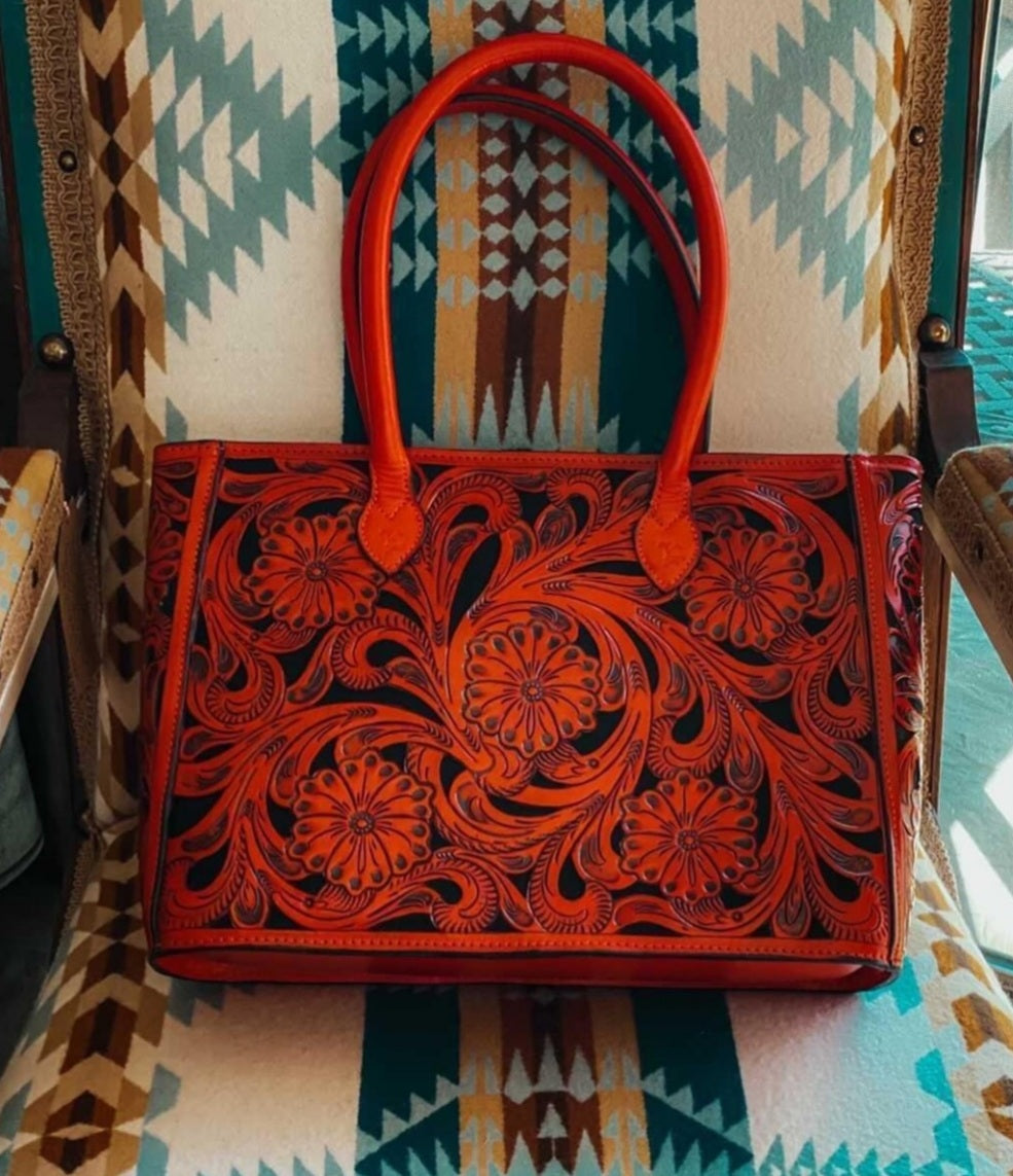 Western Cowgirl Pattern Cowhide Turquoise and Tooled Leather Tote