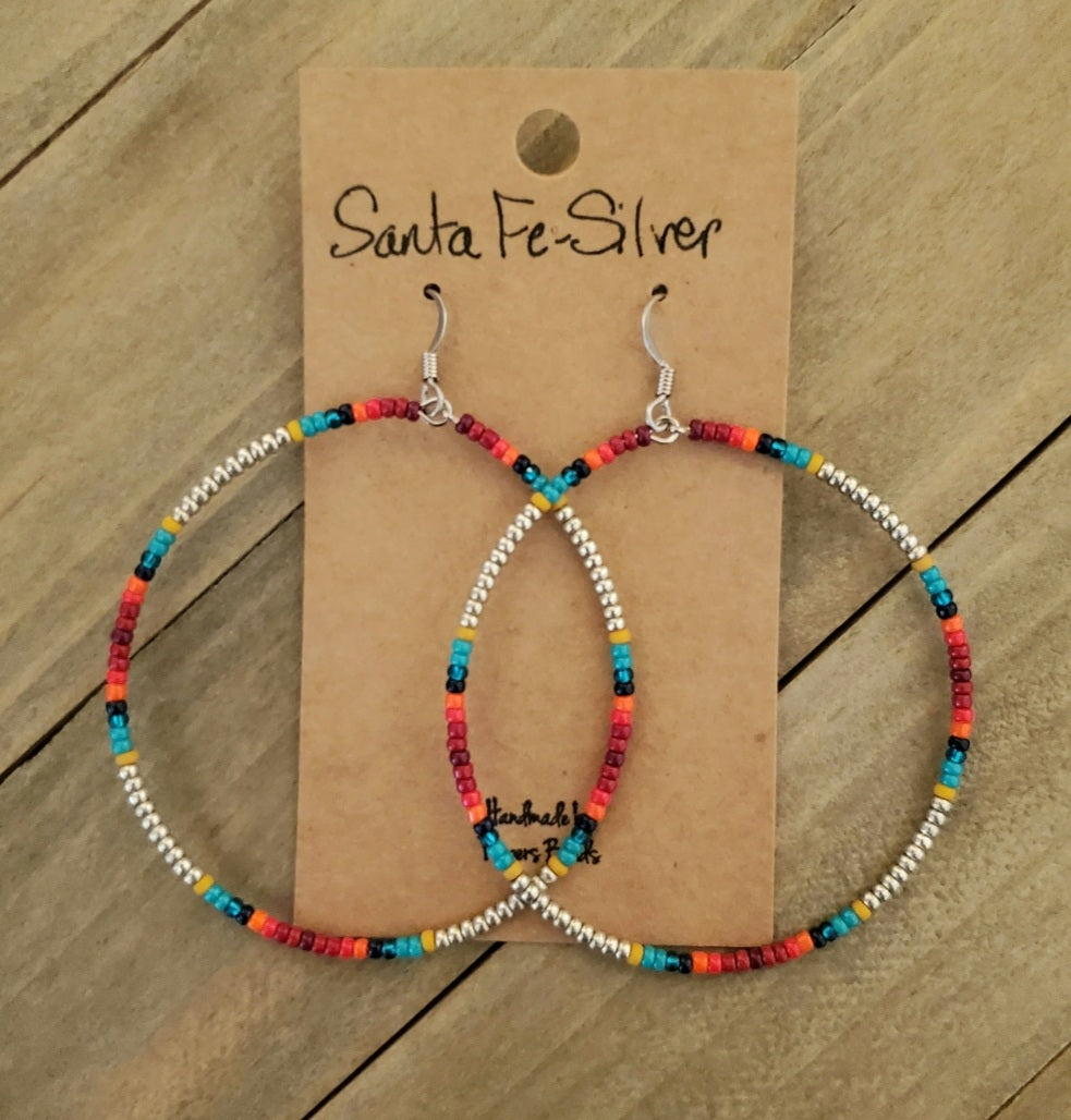 Santa Fe Silver Large Hoop Earrings - beaded, beads, earrings, hoop, hoops, jewelry, native, southwestern - - Baha Ranch Western Wear