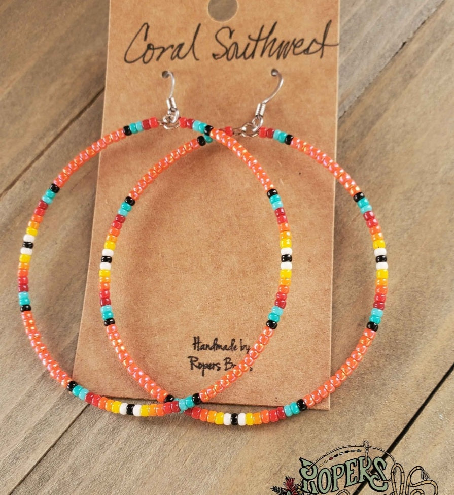 Coral Southwest Large Hoop Earrings - beaded, beads, earrings, hoop, hoops, jewelry, native, southwestern - - Baha Ranch Western Wear