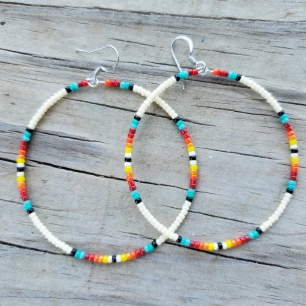White Southwest Large Hoop Earrings - beaded, beads, earrings, hoop, hoops, jewelry, native, southwestern - - Baha Ranch Western Wear