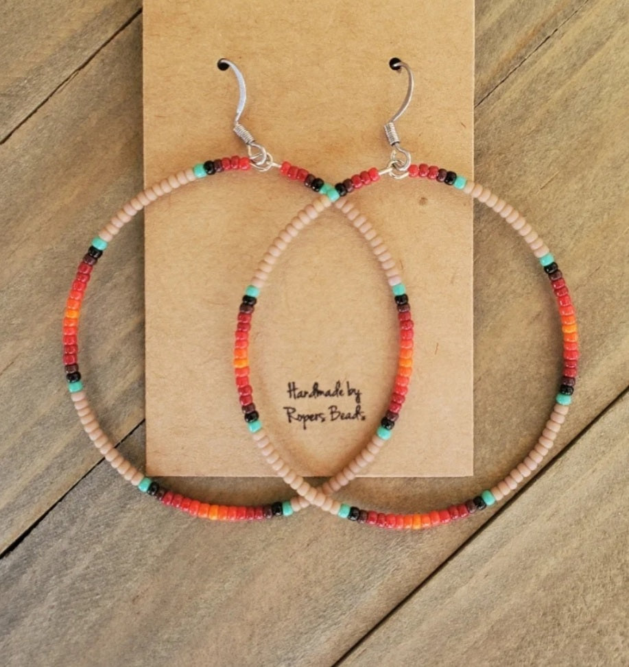 Mocha Fire Large Hoop Earrings - beaded, beads, earrings, hoop, hoops, jewelry, native, southwestern - - Baha Ranch Western Wear
