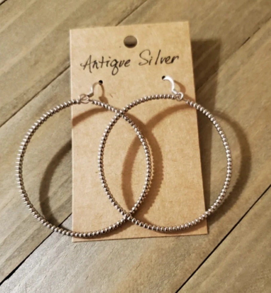 Antique Silver Large Hoop Earrings - beaded, beads, earrings, hoop, hoops, jewelry, native, southwestern - - Baha Ranch Western Wear