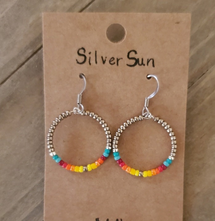 Silver Sun Hoop Earrings Choice of Sizes - beaded, beads, earrings, hoop, hoops, jewelry, native, southwestern - - Baha Ranch Western Wear