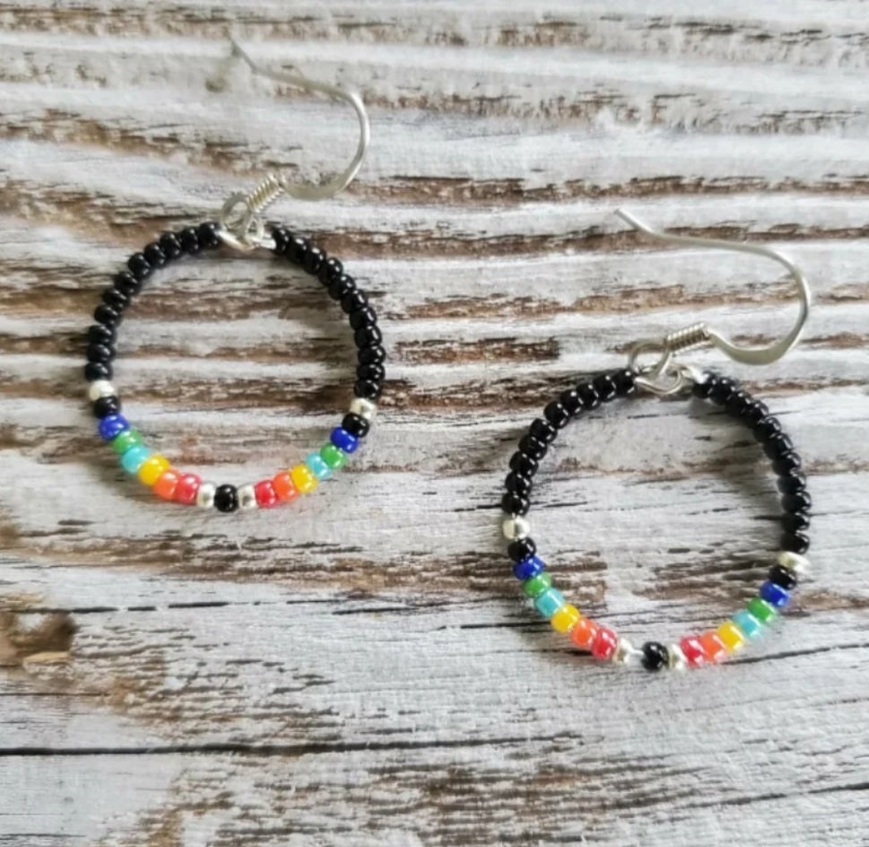 Black Brights Hoop Earrings CHOICE OF SIZES - beaded, beads, earrings, hoop, hoops, jewelry, native, southwestern - - Baha Ranch Western Wear