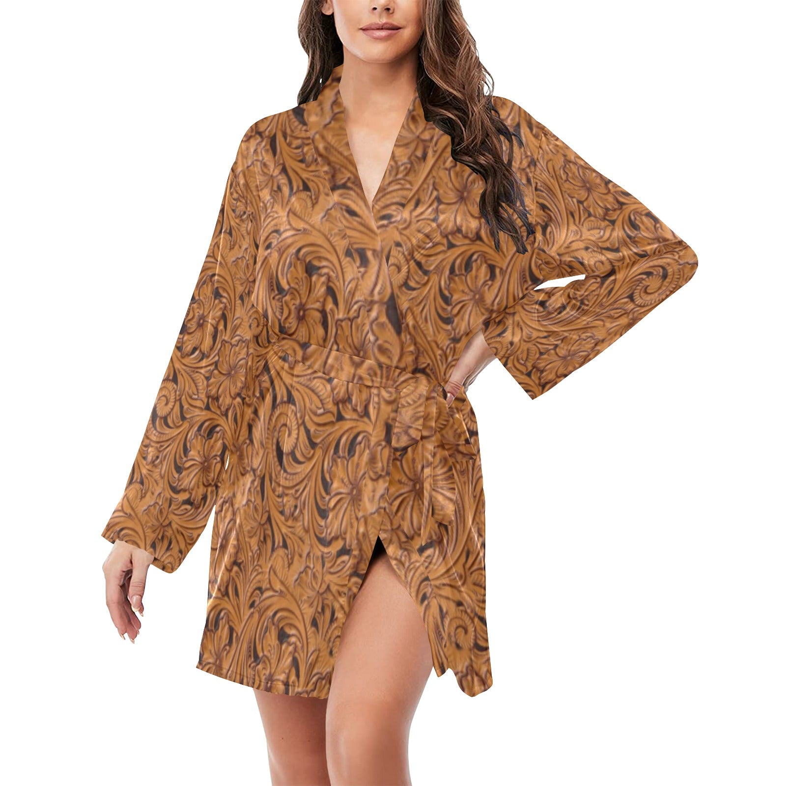 Tooled Leather Print Bronc Women's Long Sleeve Belted Satin Feel Dressing Lounge Robe S Tooled Leather Print Bronc Women's Long Sleeve Belted Satin Feel Dressing Lounge Robe S